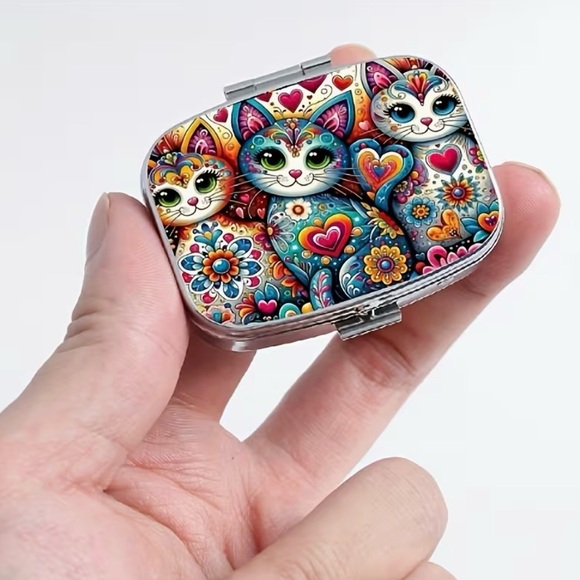 Folk Art Cat Animal Inspired Pill Organizer 2-Compartment Compact Pill Case New - Picture 2 of 9